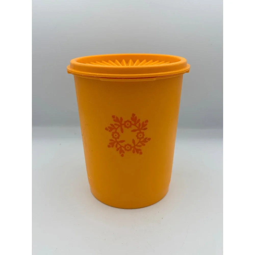 Vintage Tupperware Orange Canister 811-5 Sunburst Lid Floral Medallion 1970s MCM